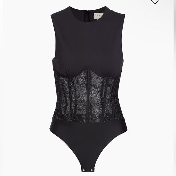Cami NYC Yazia Semi-Sheer Lace-Trim Bodysuit corset bustier black Revolve 12 - Picture 1 of 16